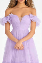Off the Shoulder Lilac A Line Tulle Long Formal Dress