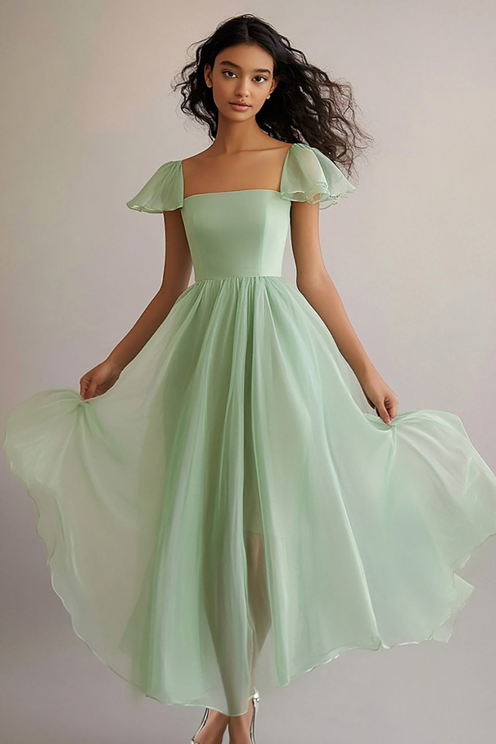 A Line Light Green Square Neck Long Formal Dress