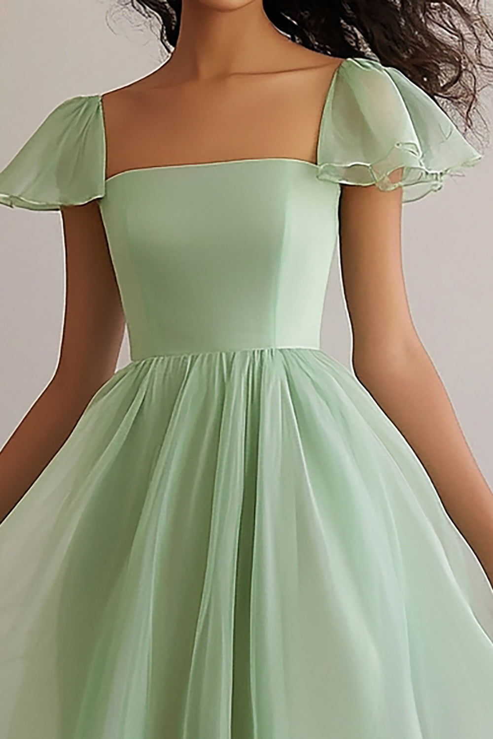 A Line Light Green Square Neck Long Formal Dress