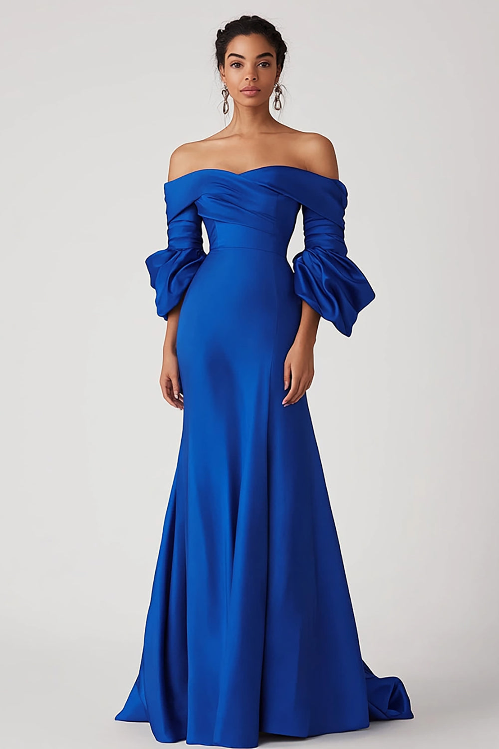 Satin Royal Blue Off the Shoulder Long Formal Dress with Half Sleeves