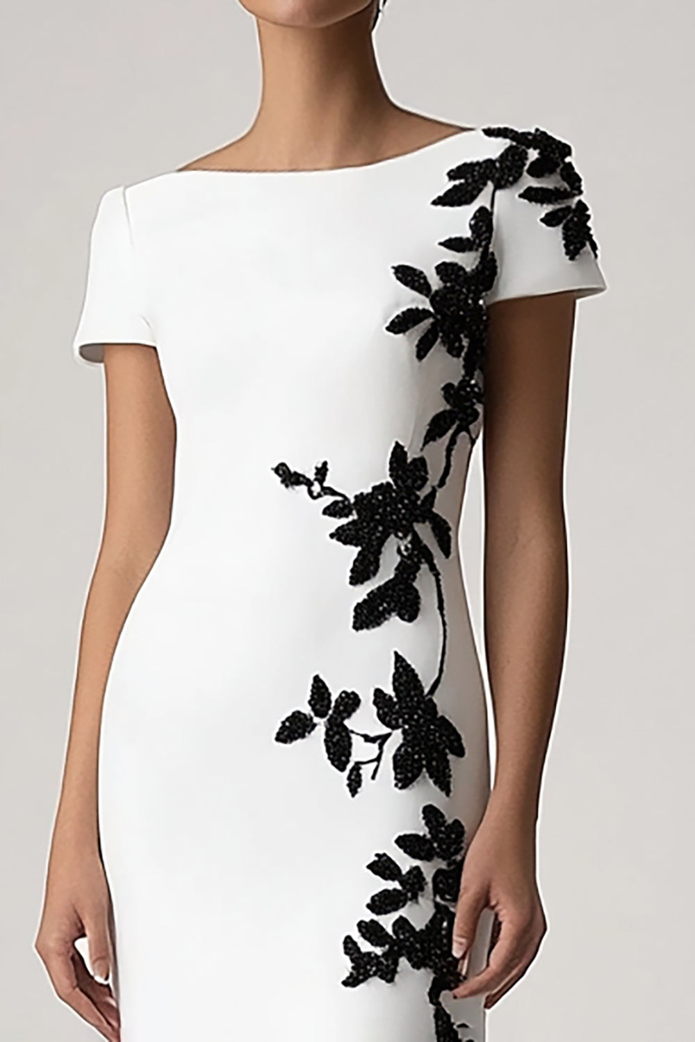 Appliqued White Sheath Long Formal Dress with Short Sleeves