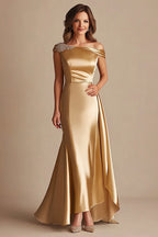 Vestido formal comprido em cetim com decote ombro a ombro dourado