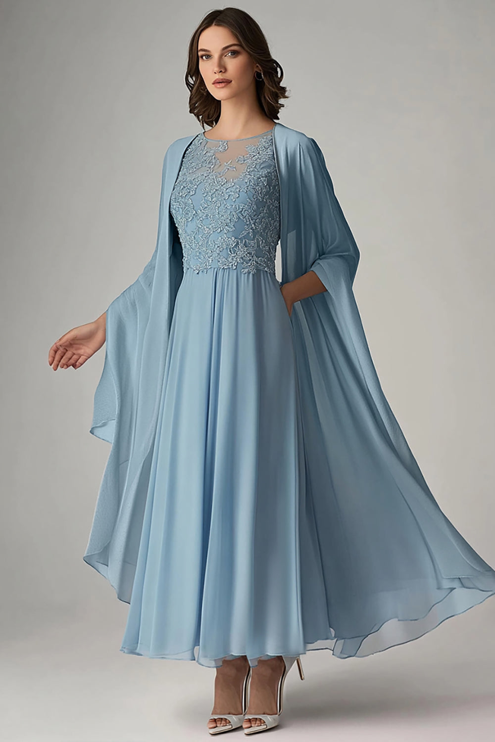 A-Linien-Blaues, langes, formelles Kleid mit U-Ausschnitt und Applikationen