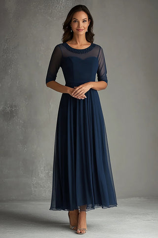 Langes, formelles Kleid mit U-Ausschnitt und Illusionsausschnitt in Marineblau und kurzen Ärmeln