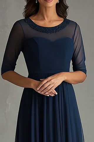 Langes, formelles Kleid mit U-Ausschnitt und Illusionsausschnitt in Marineblau und kurzen Ärmeln