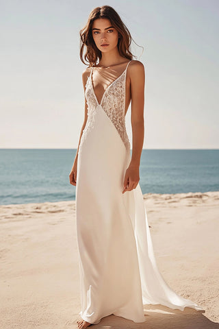 A Line White Deep V-Neck Long Formal Dress with Lace