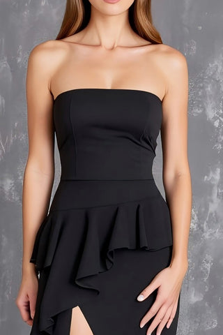 Black Sheath Satin Square Neck Long Formal Dress with Slit