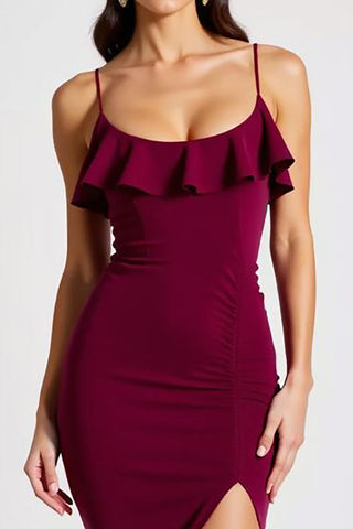 Sheath Burgundy Spaghetti Straps Long Formal Dress with Slit