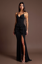 Sheath Black Satin Spaghetti Straps Long Formal Dress with Slit