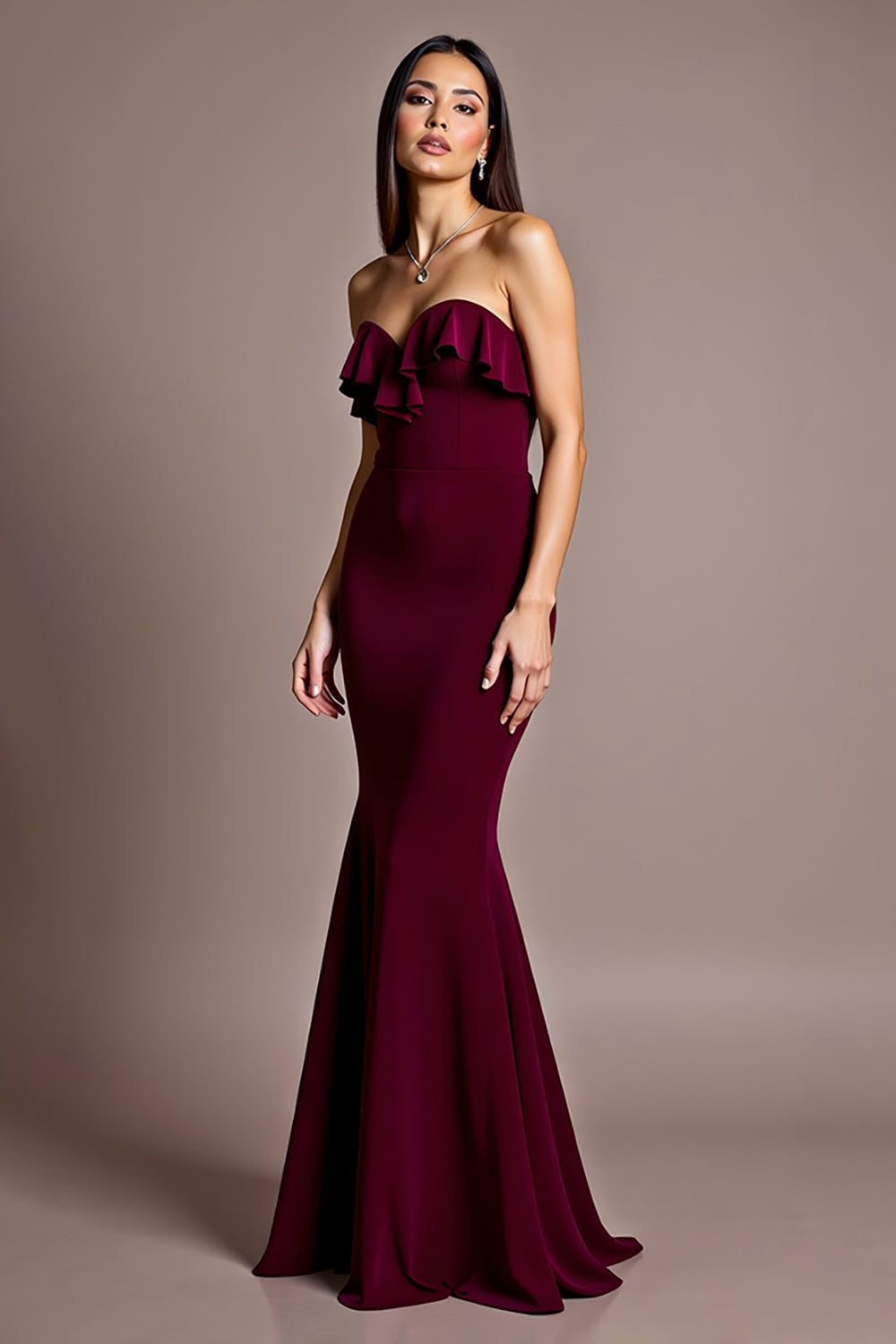 Burgundy Satin Mermaid Sweetheart Formal Dress with Ruffles