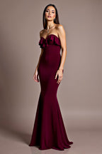Burgundy Satin Mermaid Sweetheart Formal Dress with Ruffles