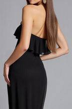 Schwarzes, langes, formelles Chiffon-Etuikleid mit quadratischem Ausschnitt und Schlitz