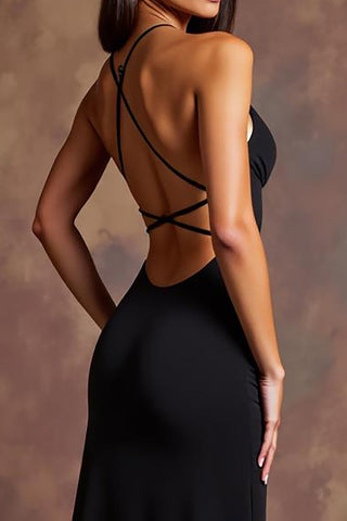 Black Satin Deep V-Neck Long Formal Dress with Slit