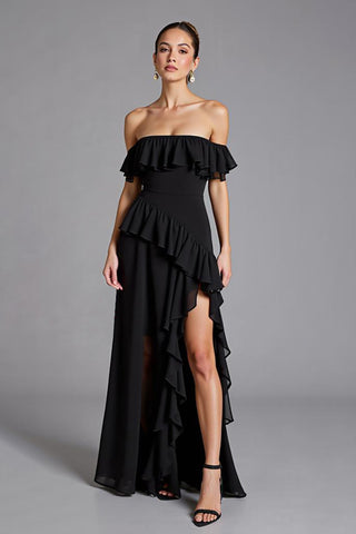 Black Chiffon Square Neck A Line Long Formal Dress with Slit