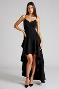 Vestido de cerimónia preto, corte A, alto e baixo, assimétrico