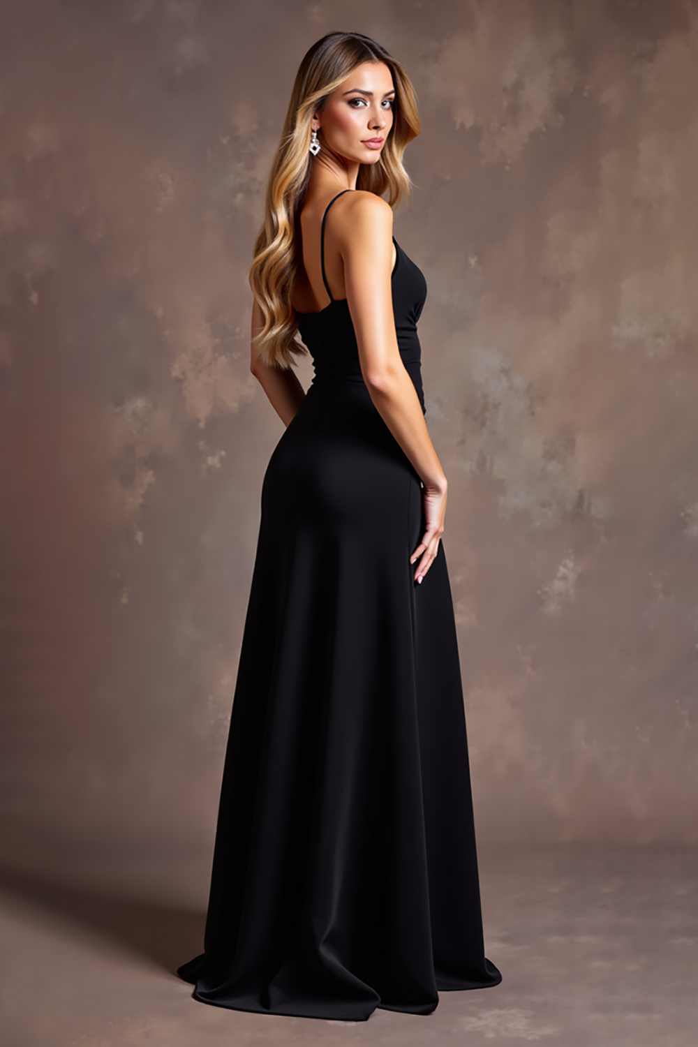 Schwarzes Abendkleid mit V-Ausschnitt, High-Low-Spaghettiträgern