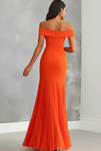 Orange Sheath Off the Shoulder Long Pleated Formal Dress
