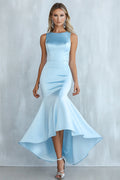 Himmelblaues asymmetrisches Meerjungfrau-Kleid aus Satin mit U-Boot-Ausschnitt und langem Ballkleid