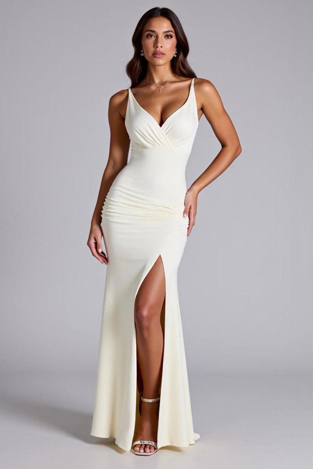 Ivory Sheath Backless V-Neck Long Formal Dress with Slit