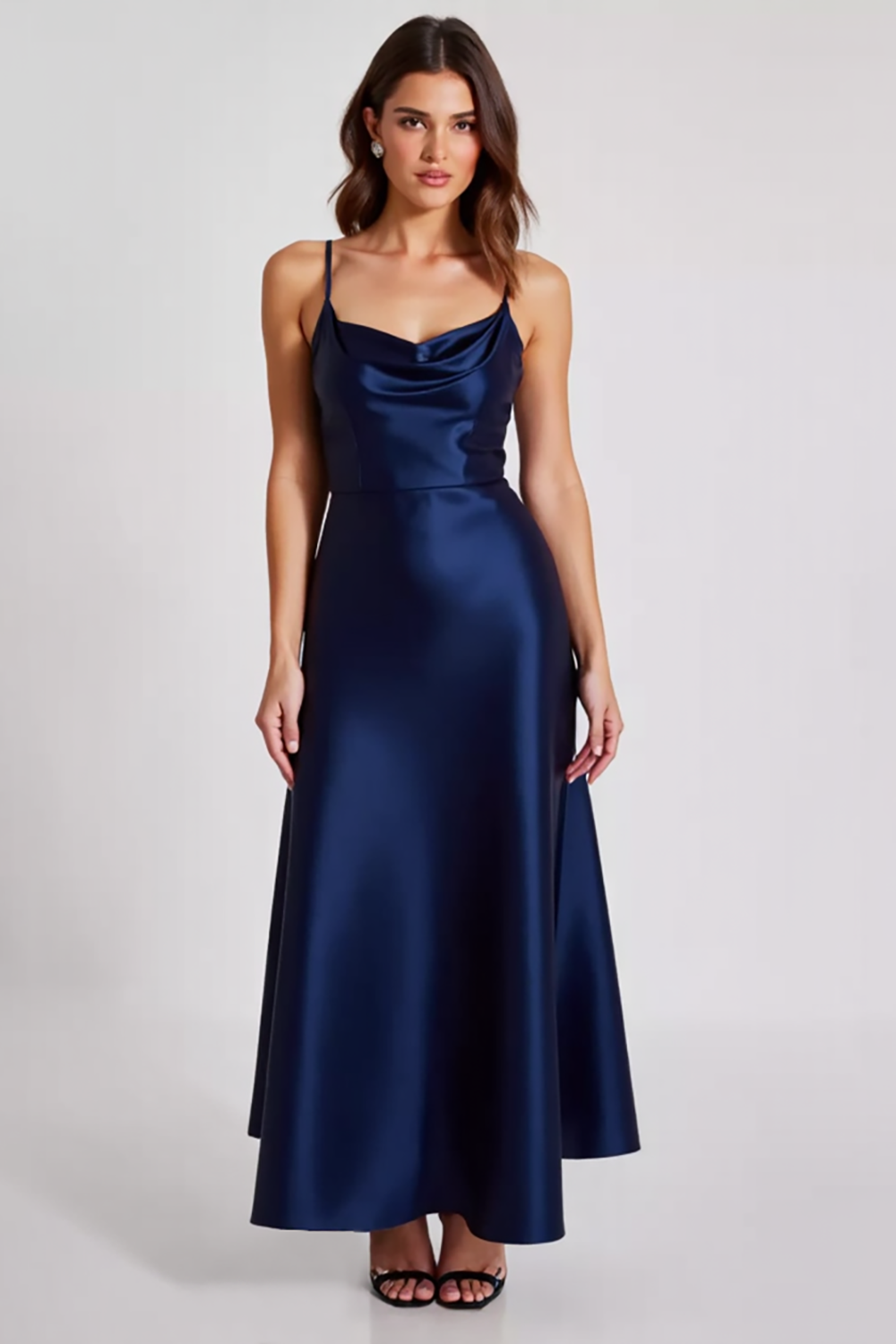 Navy Sheath Spaghetti Straps Ruched Long Formal Dress