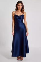 Navy Sheath Spaghetti Straps Ruched Long Formal Dress