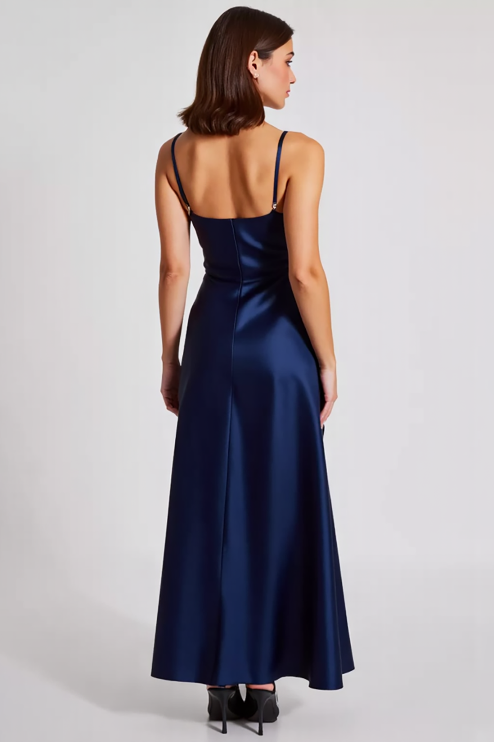 Navy Sheath Spaghetti Straps Ruched Long Formal Dress
