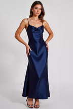 Navy Sheath Spaghetti Straps Ruched Long Formal Dress