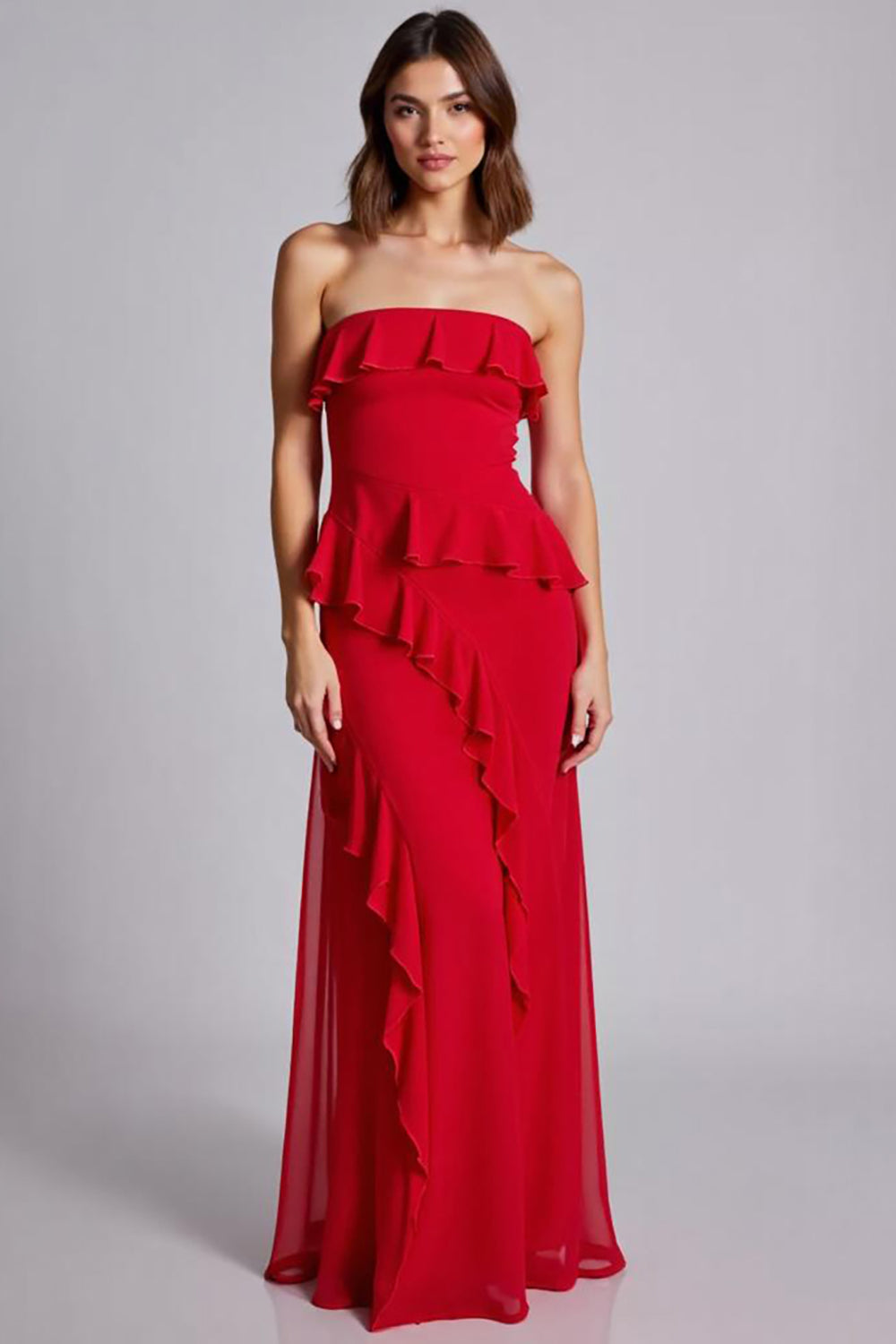 Red A Line Chiffon Long Strapless Formal Dress with Ruffles