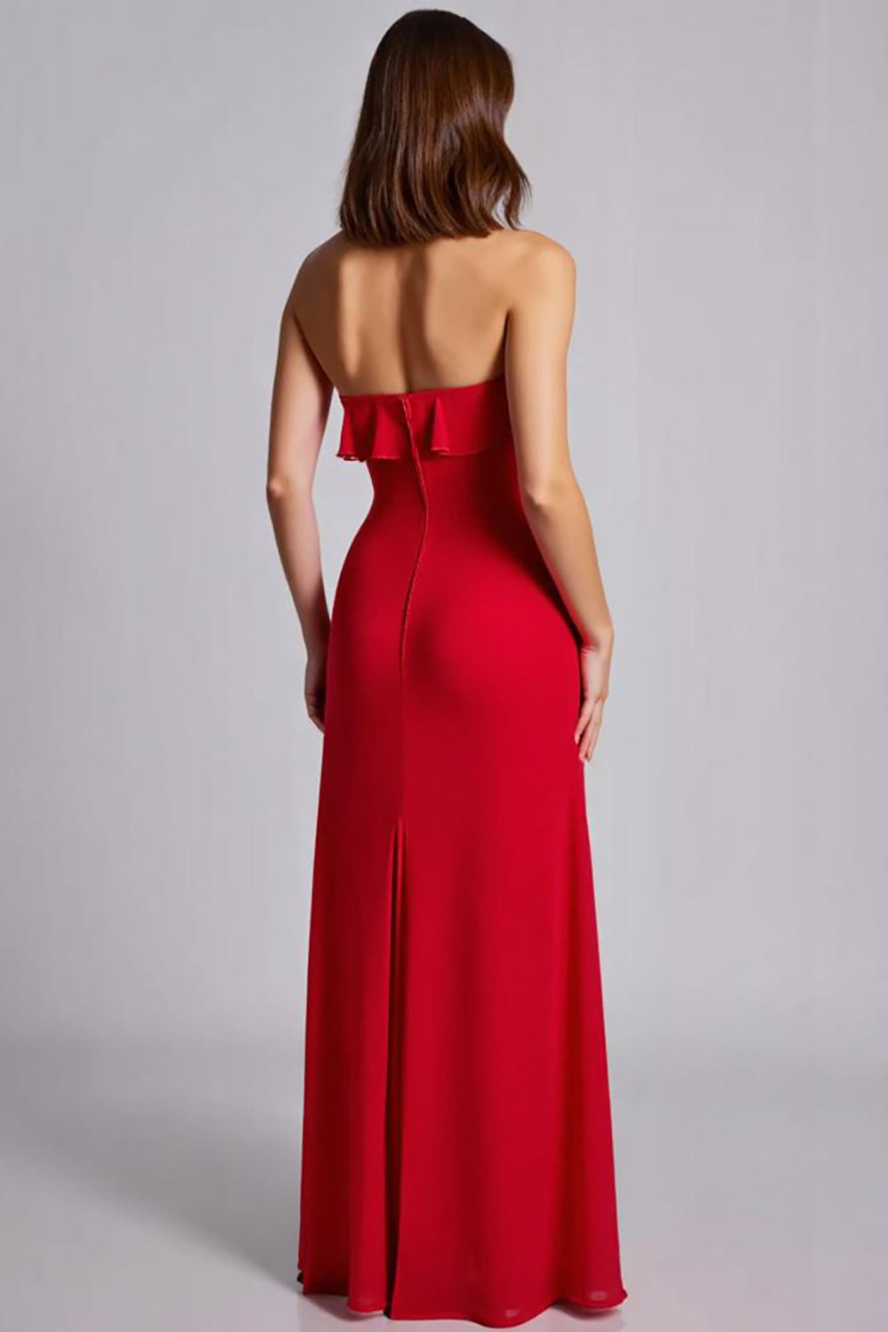 Red A Line Chiffon Long Strapless Formal Dress with Ruffles