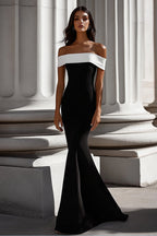 White Mermaid Satin Long Off the Shoulder Black Tie Dress