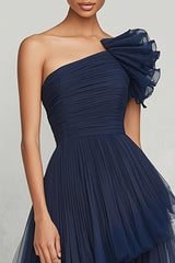 A Line Navy One Shoulder Long Tulle Formal Dress with Ruffles