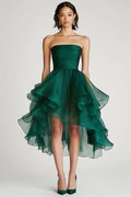 Vestido curto formal verde escuro, corte A, sem alças, em tule, com folhos