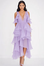 Lilac Chiffon Cold Shoulder Ruffled Long Formal Dress