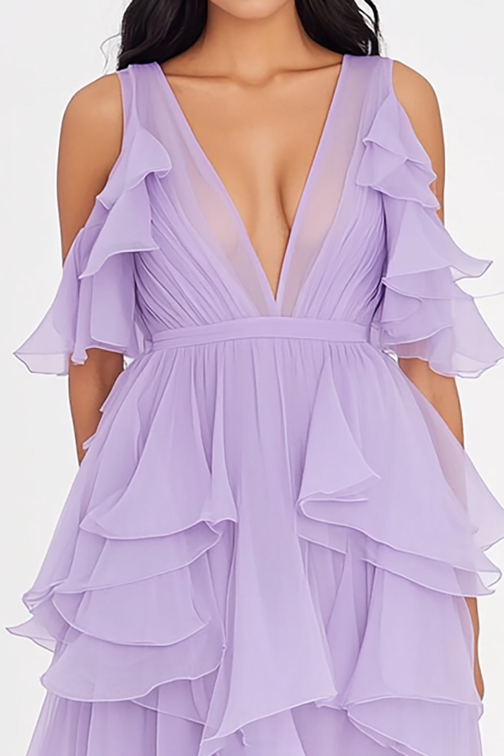 Lilac Chiffon Cold Shoulder Ruffled Long Formal Dress