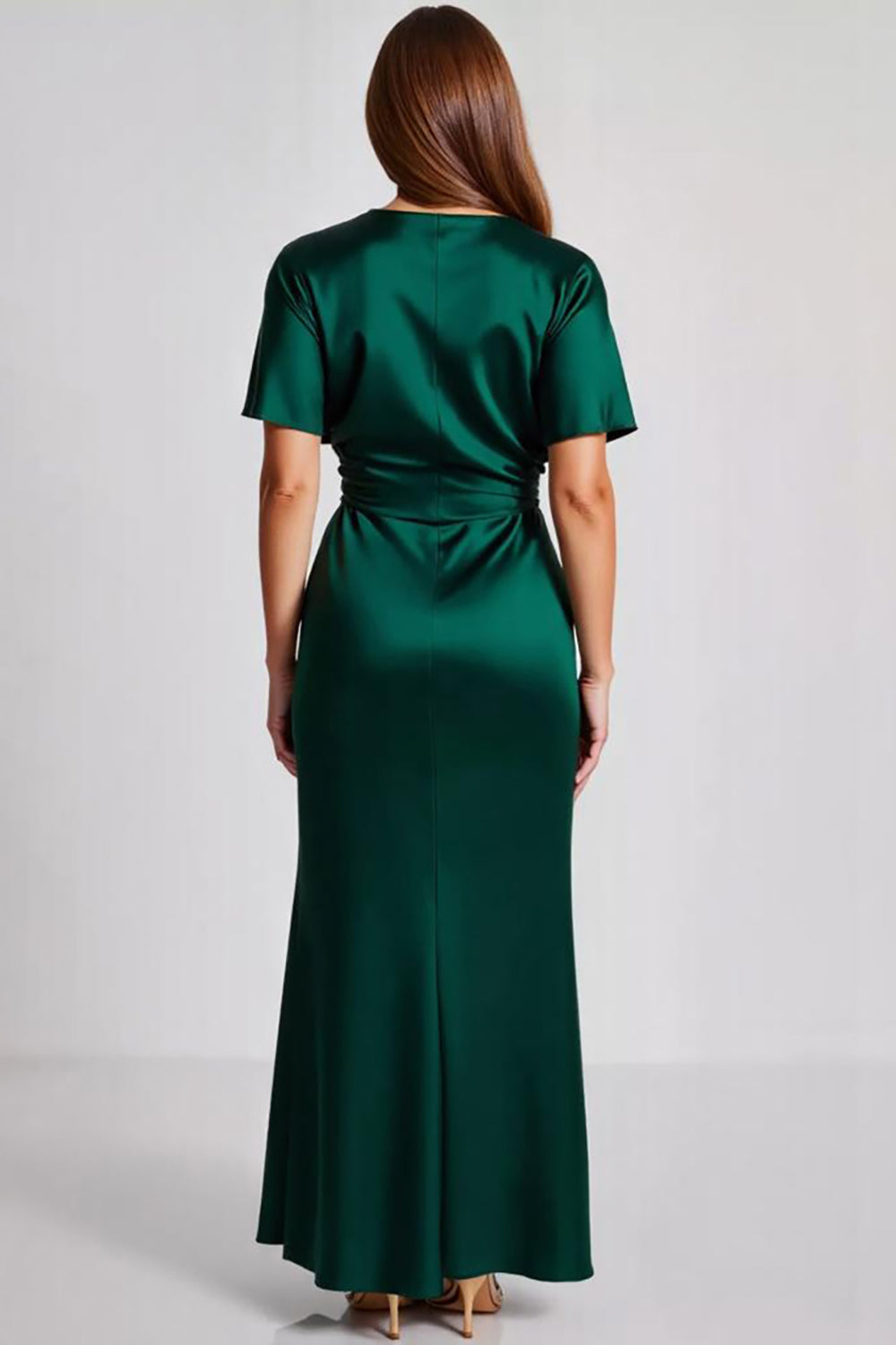 Dark Green Sheath Satin Long Formal Dress with Short Sleeves