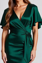 Dark Green Sheath Satin Long Formal Dress with Short Sleeves