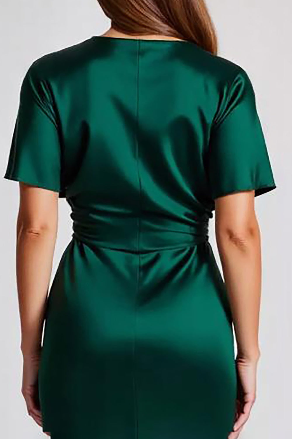 Dark Green Sheath Satin Long Formal Dress with Short Sleeves