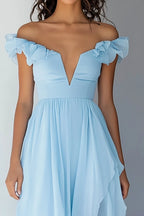 Sky Blue High Low Chiffon Off the Shoulder Formal Dress