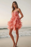 Rosa-oranges trägerloses Sweetheart-Mini-Ballkleid mit Rüschen