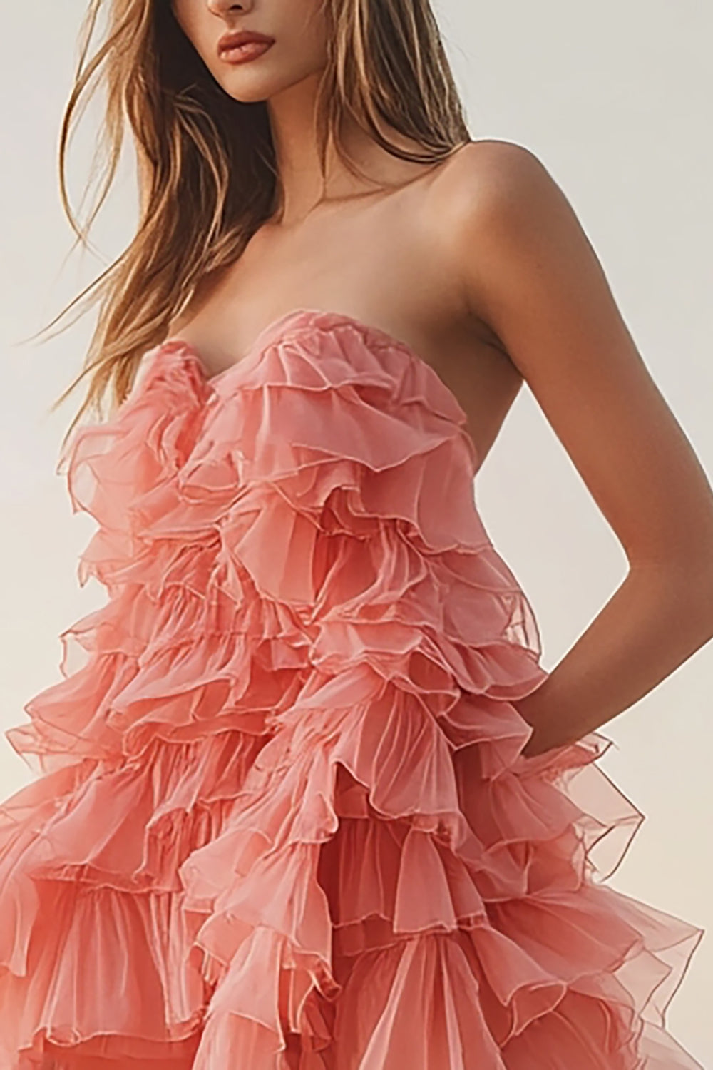 Pink Orange Strapless Sweetheart Mini Formal Dress with Ruffles