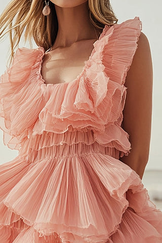 Pink Orange Tiered  Square Neck Mini Formal Dress with Ruffles