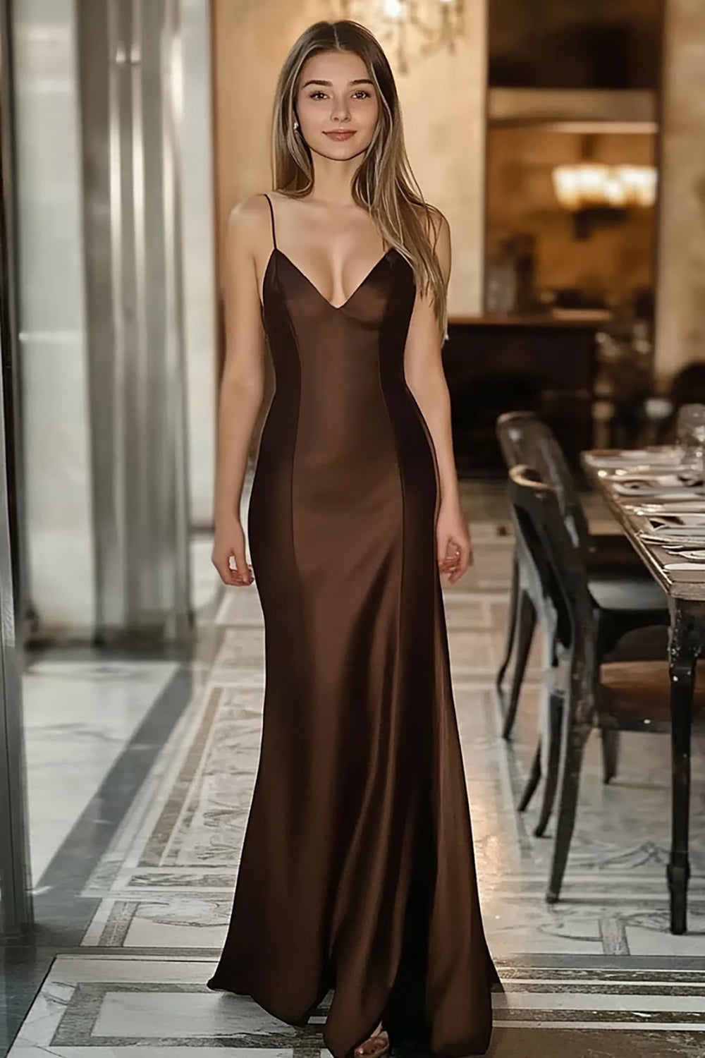 Vestido formal comprido em cetim com decote em V e bainha café