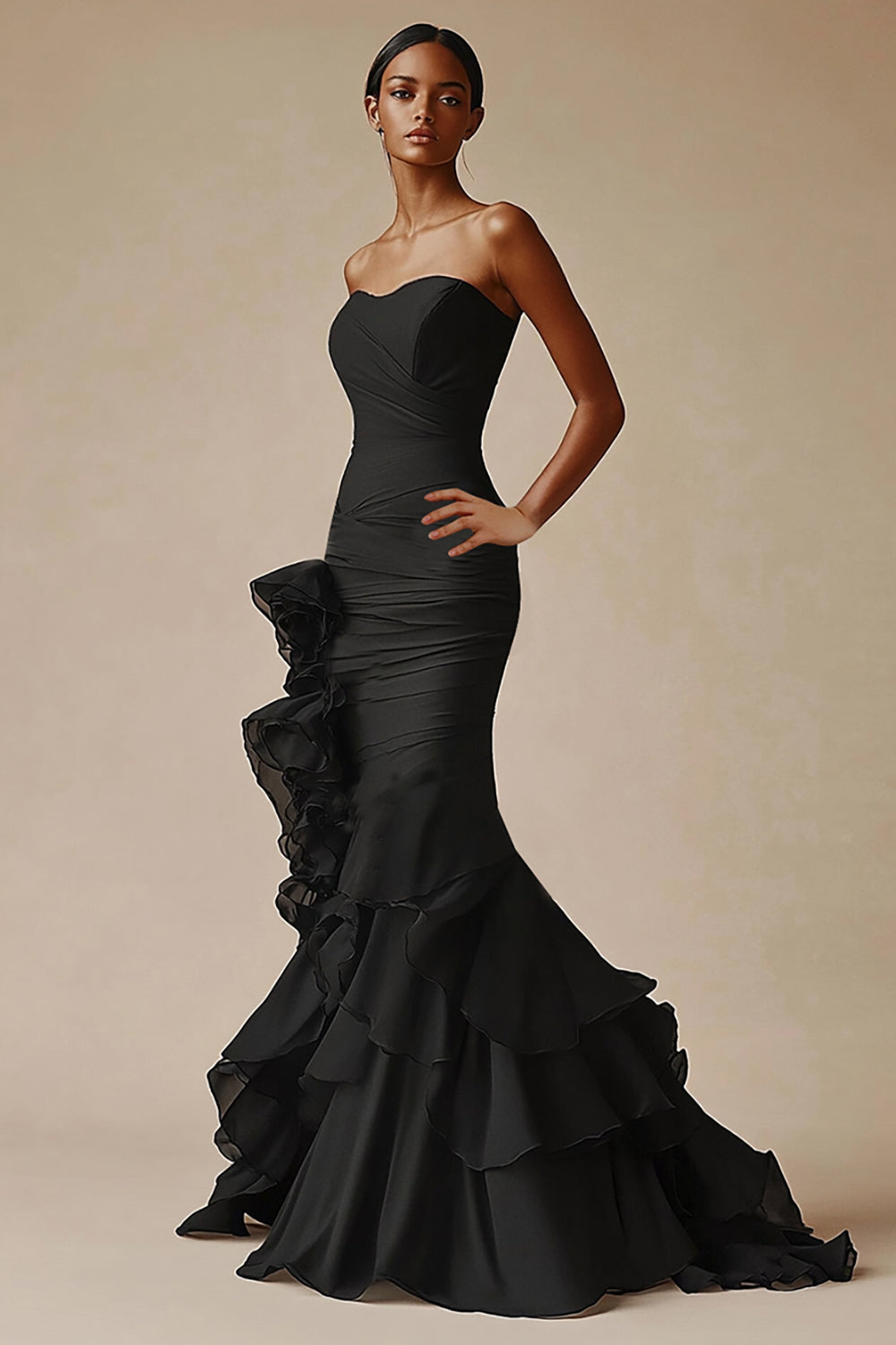 Sweetheart Mermaid Tiered Long Black Tie Dress with Ruffles