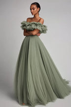 Vestido de baile formal comprido em tule Dusty Sage com folhos