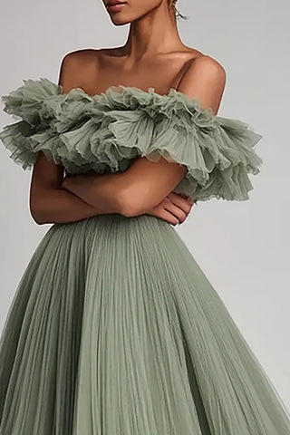 Dusty Sage Tulle Ball Gown Long Formal Dress with Ruffles