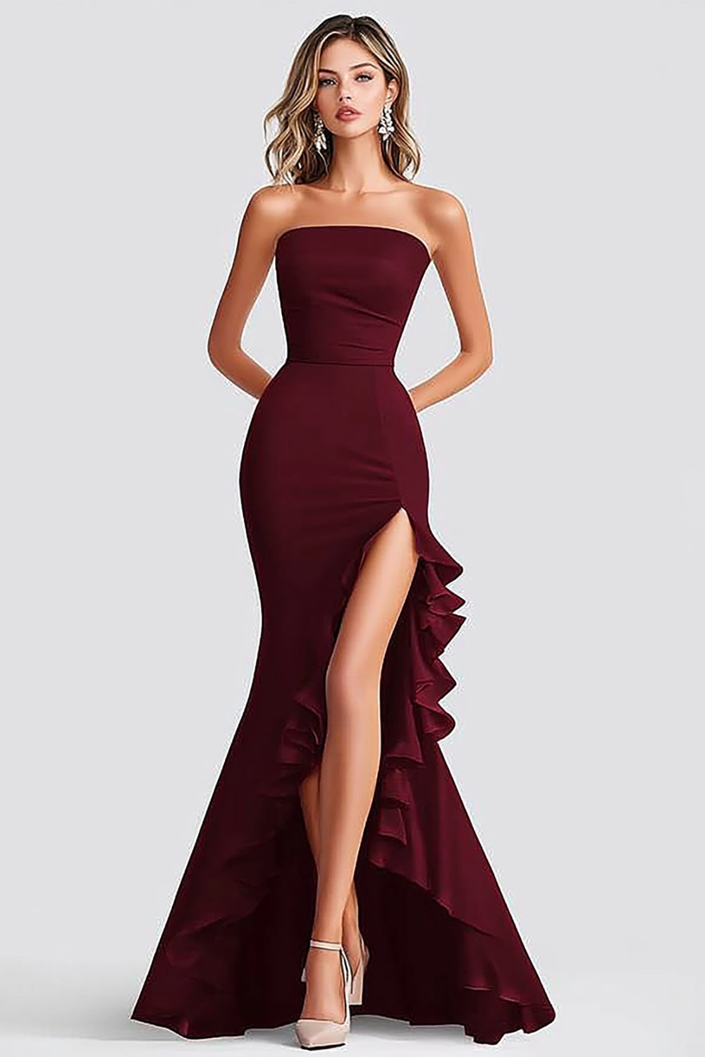 Vestido formal comprido com decote quadrado e racha, cor sereia, cor bordeaux