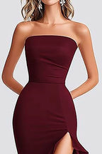 Vestido formal comprido com decote quadrado e racha, cor sereia, cor bordeaux