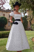 Schwarz-weißes, langes A-Linien-Ballkleid mit quadratischem Ausschnitt und Puffärmeln