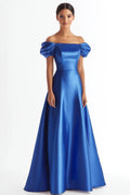 Robe de soirée longue en satin bleu royal à ligne A avec volants