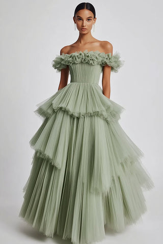 Dusty Sage Tulle Off the Shoulder Long Formal Dress with Ruffles